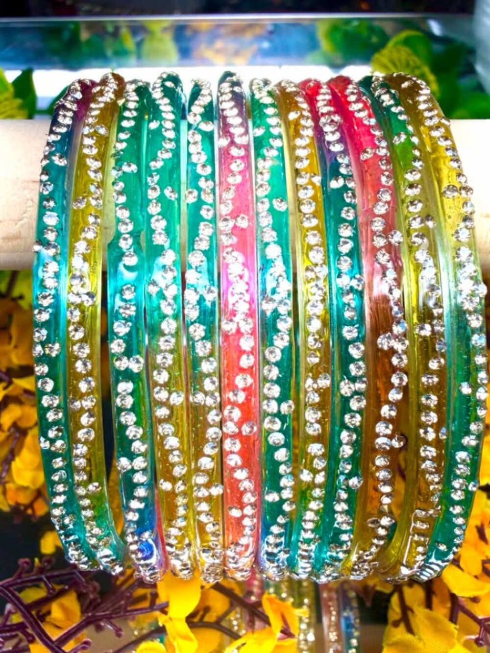 12PC Colorful Acrylic Resin Rhinestone Bangle Bracelets Sparkly Rainbow Stack
